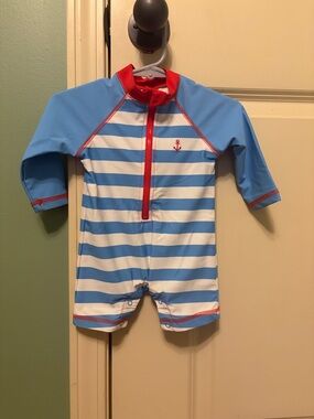 Little Me Blue & White Striped UPF Swim Romper with Red Trim